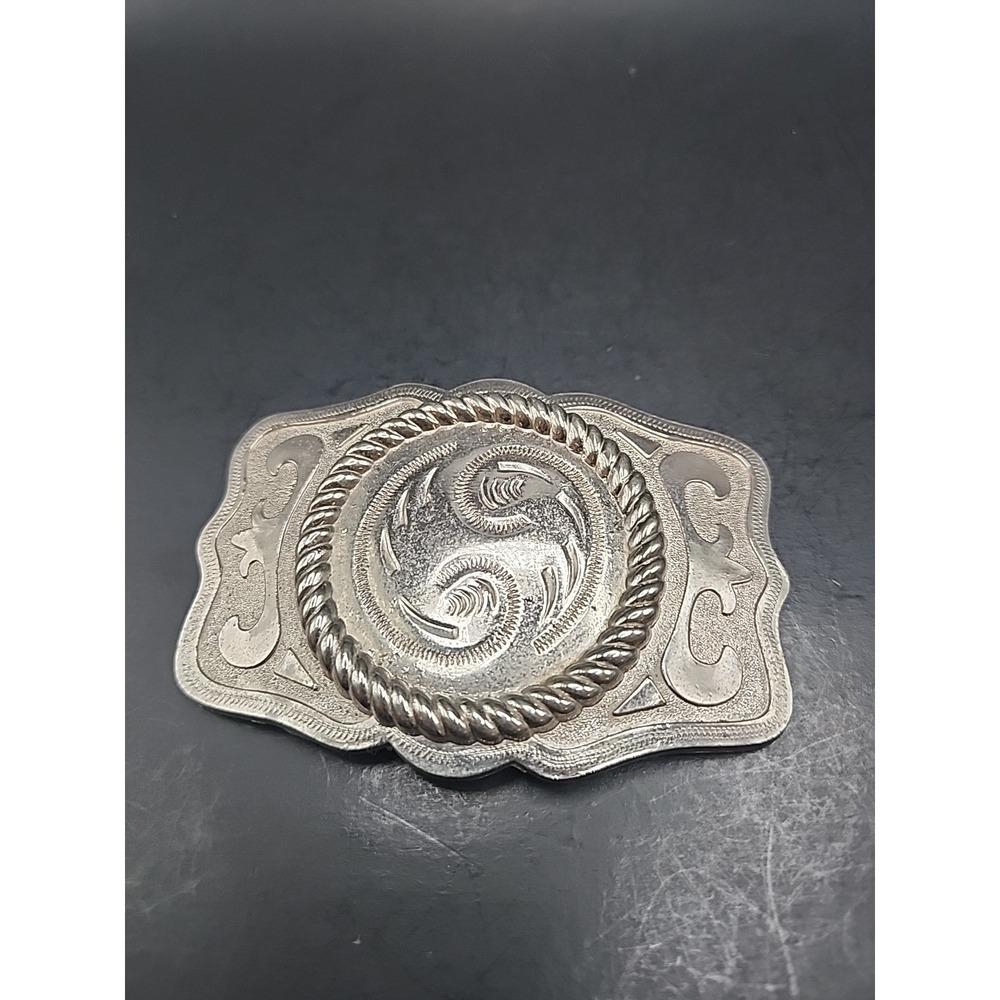Silver-toned Western Wear Belt Buckle Rope Detail & Swirl‎ Pattern 4.25" X 2.75"